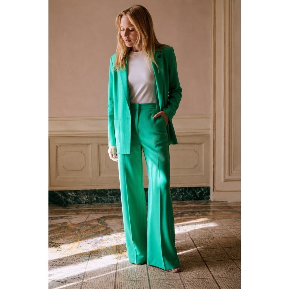 NWT Sezane Matheo Green Wide Leg Pants US 4 High Rise Viscose Trousers